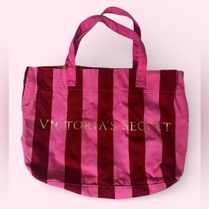 Large Victoria's Secret Pink & Red Stripe Canvas Tote/Beach/Shoulder Bag
